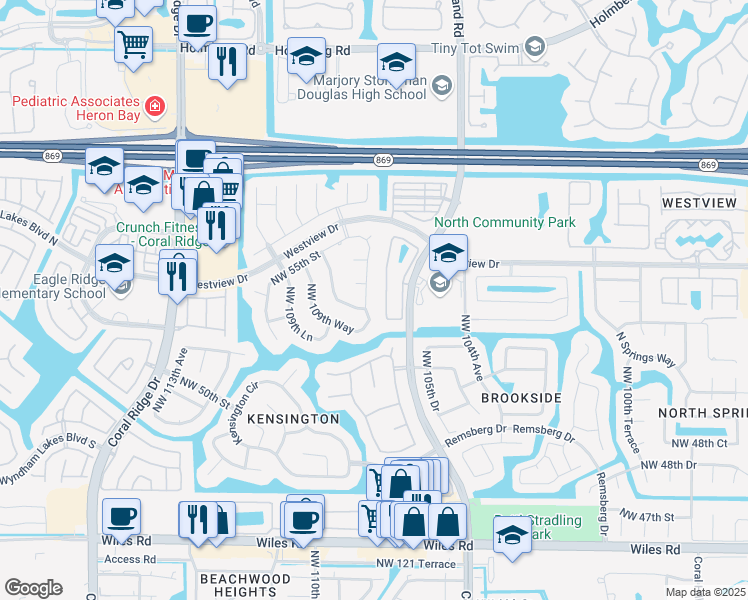 map of restaurants, bars, coffee shops, grocery stores, and more near 5303 Northwest 108th Way in Coral Springs