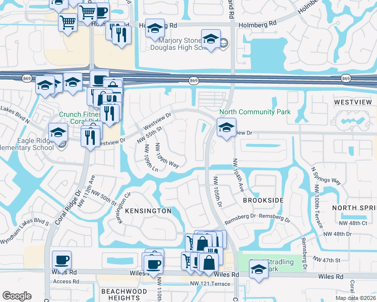 map of restaurants, bars, coffee shops, grocery stores, and more near 5303 Northwest 108th Way in Coral Springs