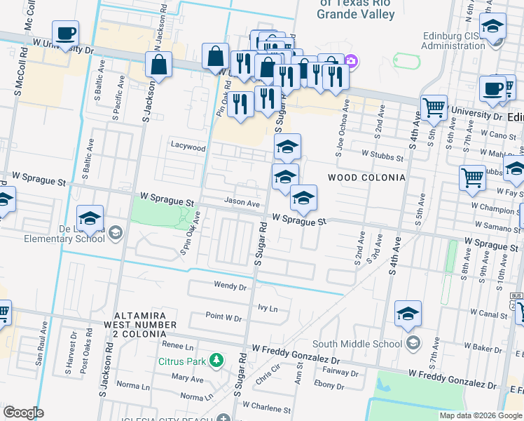 map of restaurants, bars, coffee shops, grocery stores, and more near 1602 Jason Avenue in Edinburg