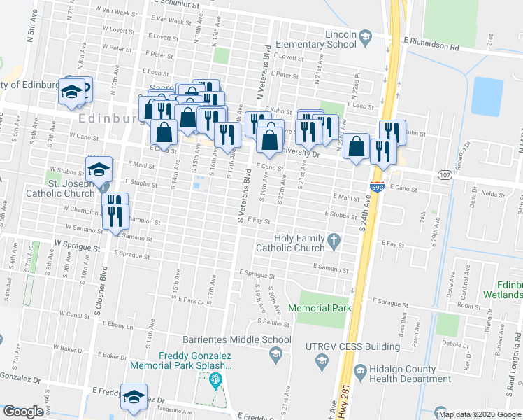 map of restaurants, bars, coffee shops, grocery stores, and more near 420 South 19th Avenue in Edinburg