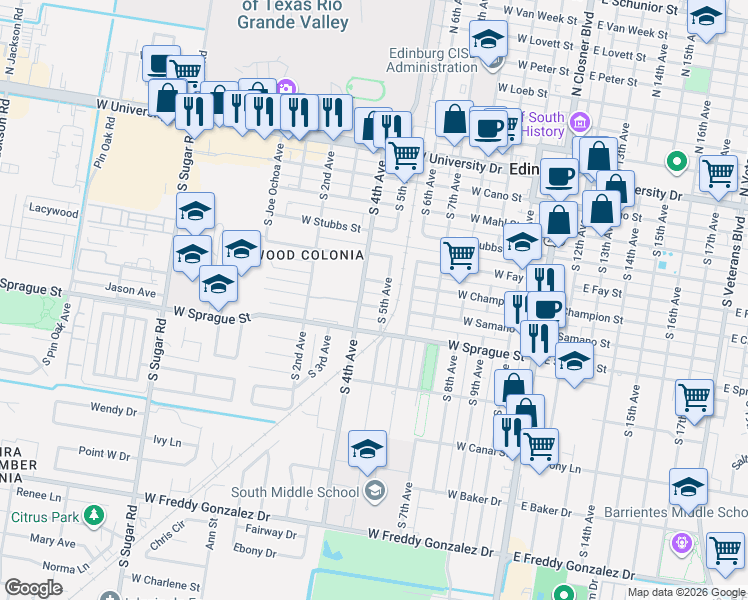 map of restaurants, bars, coffee shops, grocery stores, and more near 709 West Samano Street in Edinburg