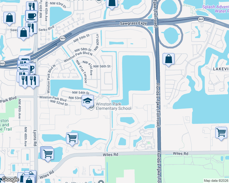 map of restaurants, bars, coffee shops, grocery stores, and more near 5450 Northwest 38th Terrace in Coconut Creek