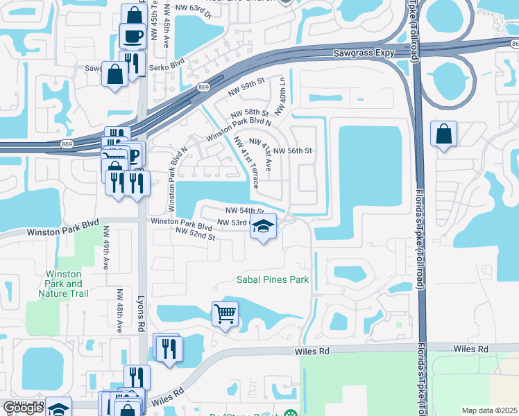 map of restaurants, bars, coffee shops, grocery stores, and more near 4225 Northwest 54th Street in Coconut Creek