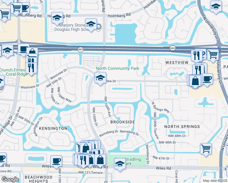 map of restaurants, bars, coffee shops, grocery stores, and more near 10316 Northwest 53rd Court in Coral Springs