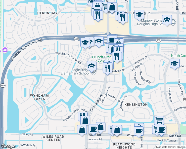 map of restaurants, bars, coffee shops, grocery stores, and more near 11500 Westview Dr in Coral Springs