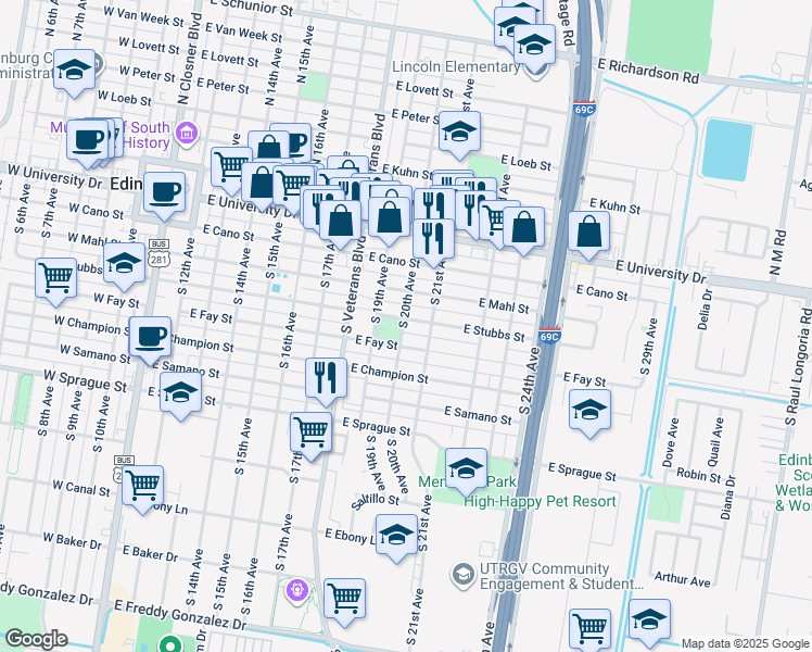 map of restaurants, bars, coffee shops, grocery stores, and more near 1016 East Stubbs Street in Edinburg