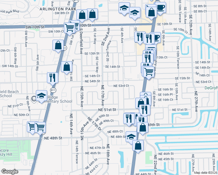 map of restaurants, bars, coffee shops, grocery stores, and more near 1814 Northeast 53rd Court in Pompano Beach