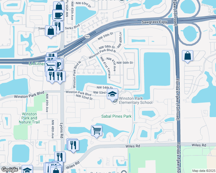 map of restaurants, bars, coffee shops, grocery stores, and more near 4225 Northwest 54th Street in Coconut Creek