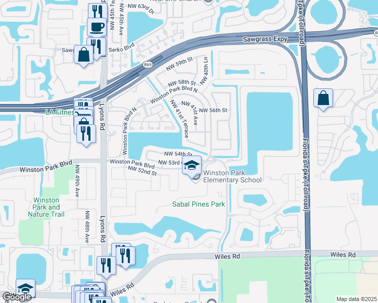 map of restaurants, bars, coffee shops, grocery stores, and more near 4225 Northwest 54th Street in Coconut Creek
