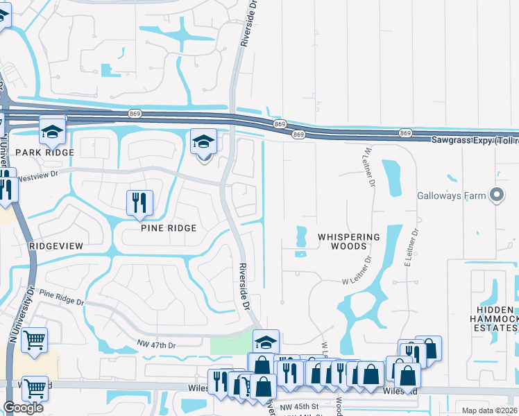 map of restaurants, bars, coffee shops, grocery stores, and more near 5447 Pine Circle in Coral Springs