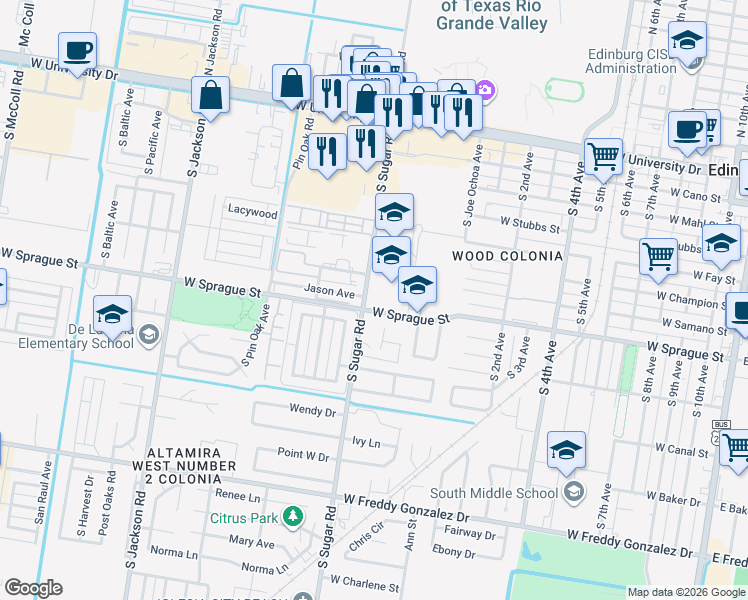 map of restaurants, bars, coffee shops, grocery stores, and more near 724 South Sugar Road in Edinburg