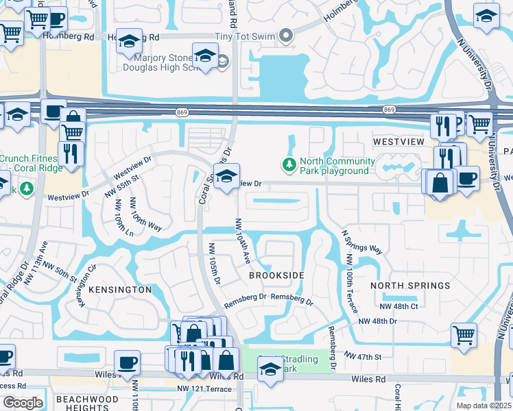 map of restaurants, bars, coffee shops, grocery stores, and more near 10316 Northwest 53rd Court in Coral Springs