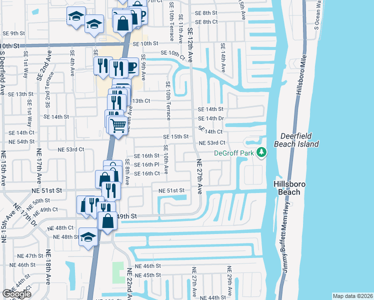 map of restaurants, bars, coffee shops, grocery stores, and more near 2611 Northeast 53rd Street in Lighthouse Point