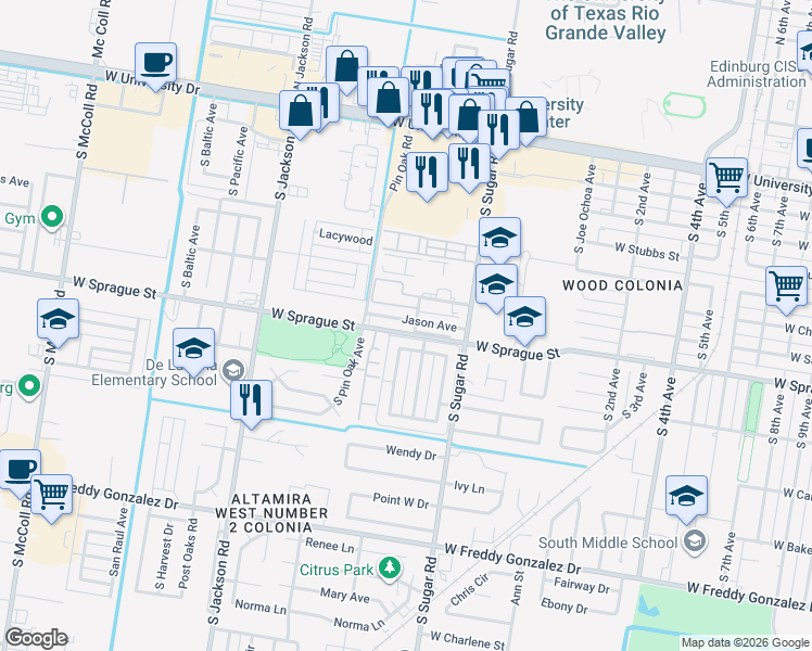 map of restaurants, bars, coffee shops, grocery stores, and more near 901 Lexington Circle in Edinburg