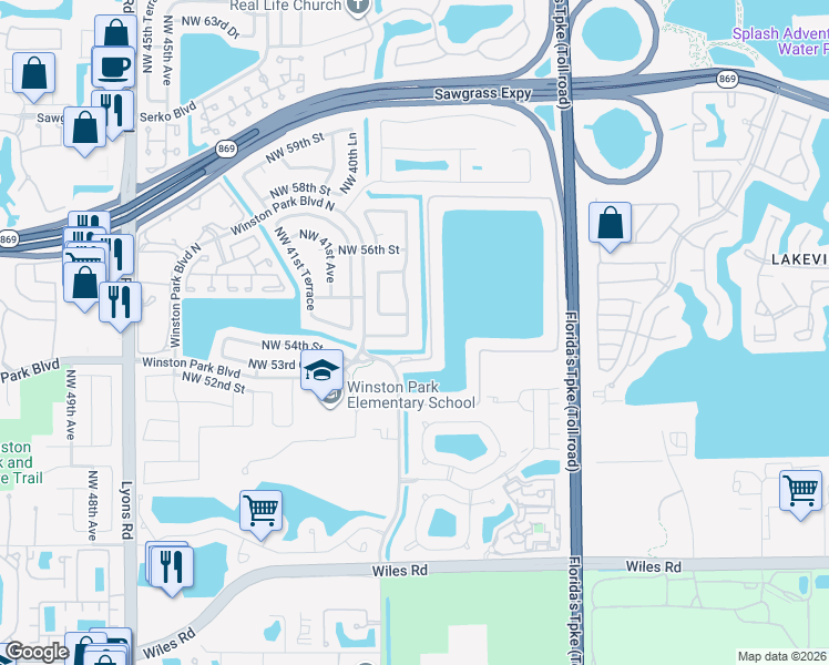 map of restaurants, bars, coffee shops, grocery stores, and more near 5450 Northwest 38th Terrace in Coconut Creek