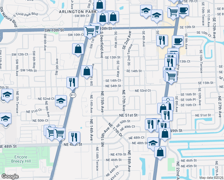 map of restaurants, bars, coffee shops, grocery stores, and more near 1631 Northeast 53rd Street in Pompano Beach