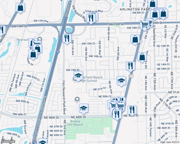 map of restaurants, bars, coffee shops, grocery stores, and more near 5380 Northeast 5th Terrace in Pompano Beach