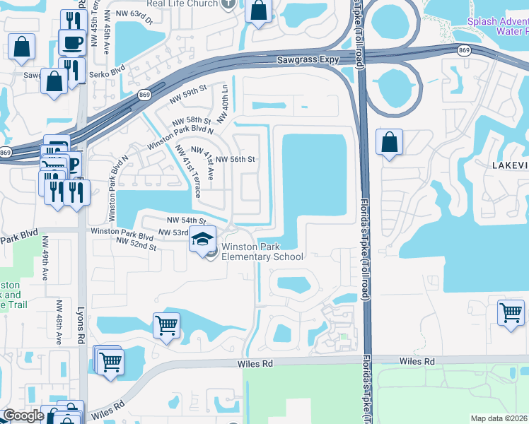 map of restaurants, bars, coffee shops, grocery stores, and more near 5450 Northwest 38th Terrace in Coconut Creek
