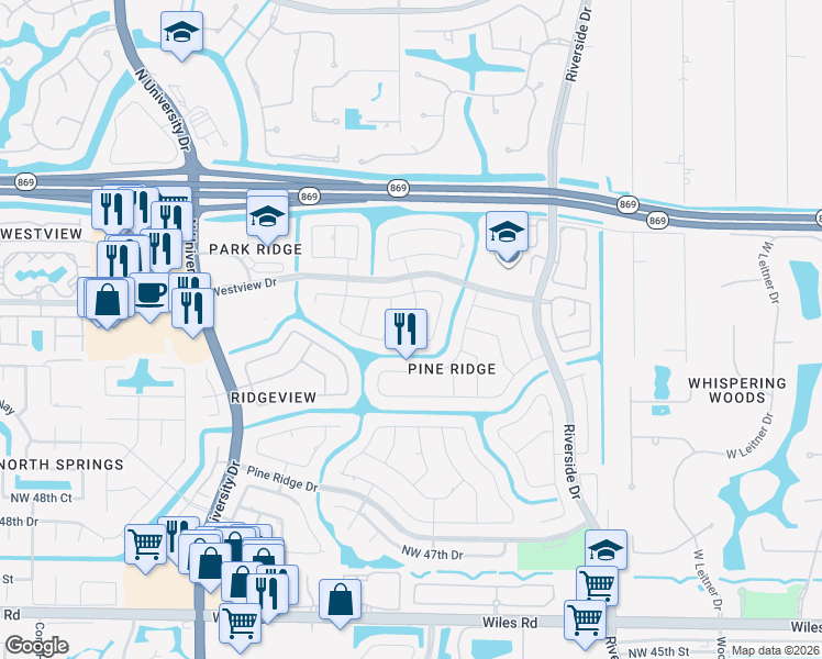 map of restaurants, bars, coffee shops, grocery stores, and more near 8674 Northwest 54th Street in Coral Springs