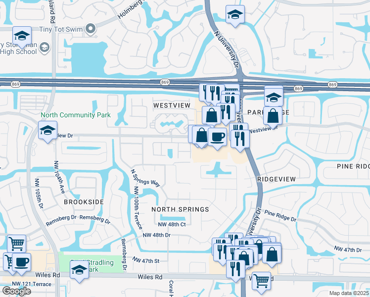 map of restaurants, bars, coffee shops, grocery stores, and more near 9850 Northwest 53rd Court in Coral Springs