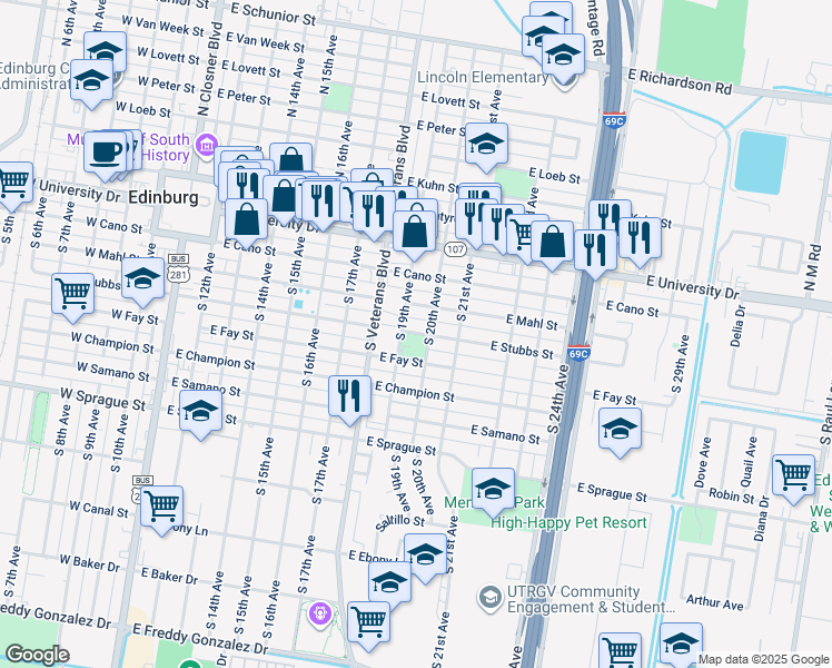map of restaurants, bars, coffee shops, grocery stores, and more near 420 South 19th Avenue in Edinburg