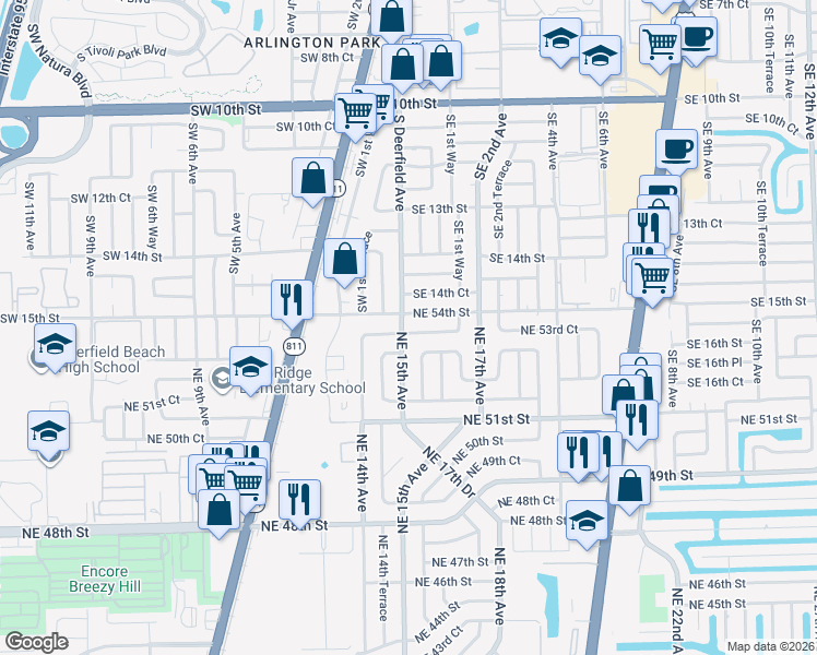 map of restaurants, bars, coffee shops, grocery stores, and more near 1517 Northeast 53rd Court in Pompano Beach