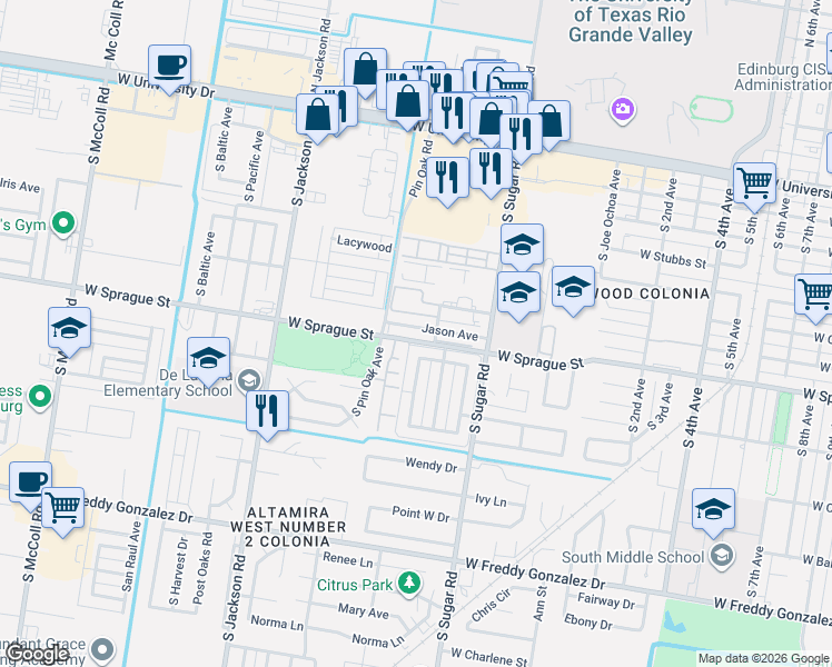 map of restaurants, bars, coffee shops, grocery stores, and more near 901 Lexington Circle in Edinburg