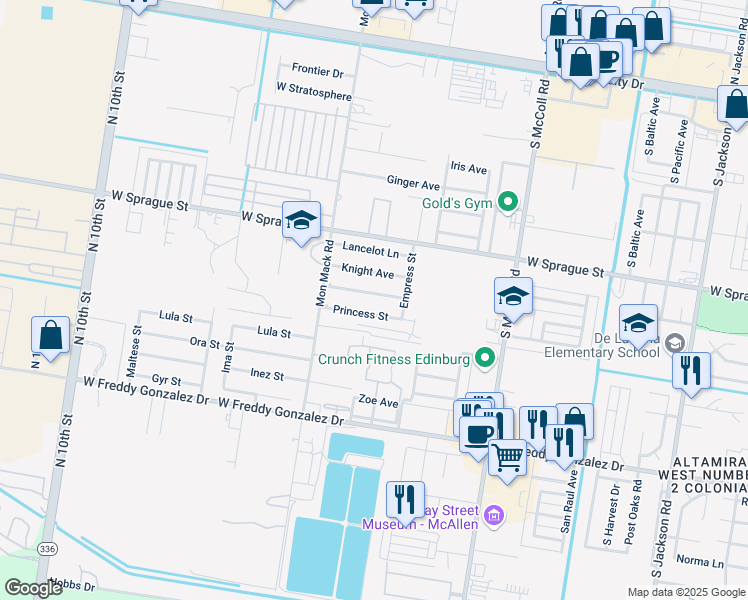map of restaurants, bars, coffee shops, grocery stores, and more near 3322 Princess Street in Edinburg