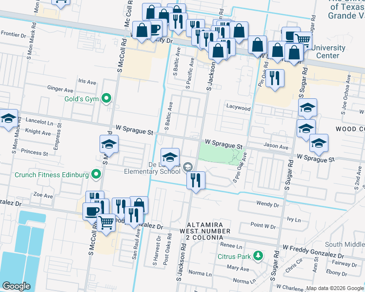 map of restaurants, bars, coffee shops, grocery stores, and more near 821 Park Circle in Edinburg