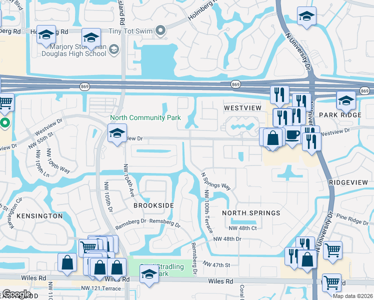 map of restaurants, bars, coffee shops, grocery stores, and more near 5299 Northwest 102nd Avenue in Coral Springs