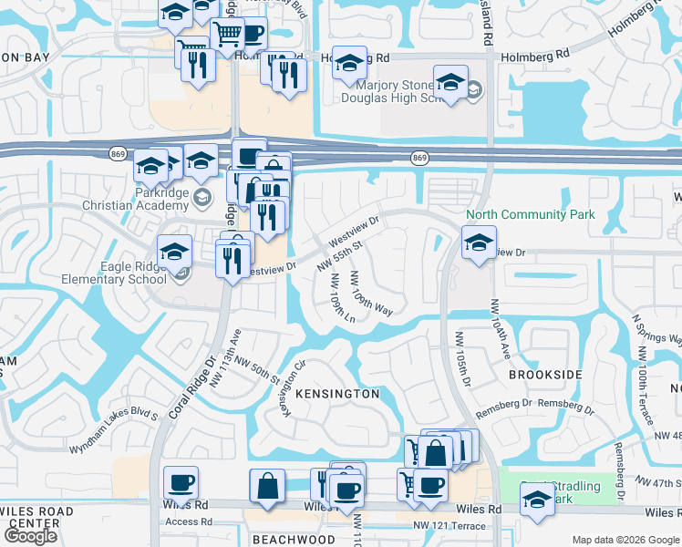 map of restaurants, bars, coffee shops, grocery stores, and more near 5325 Northwest 109th Lane in Coral Springs