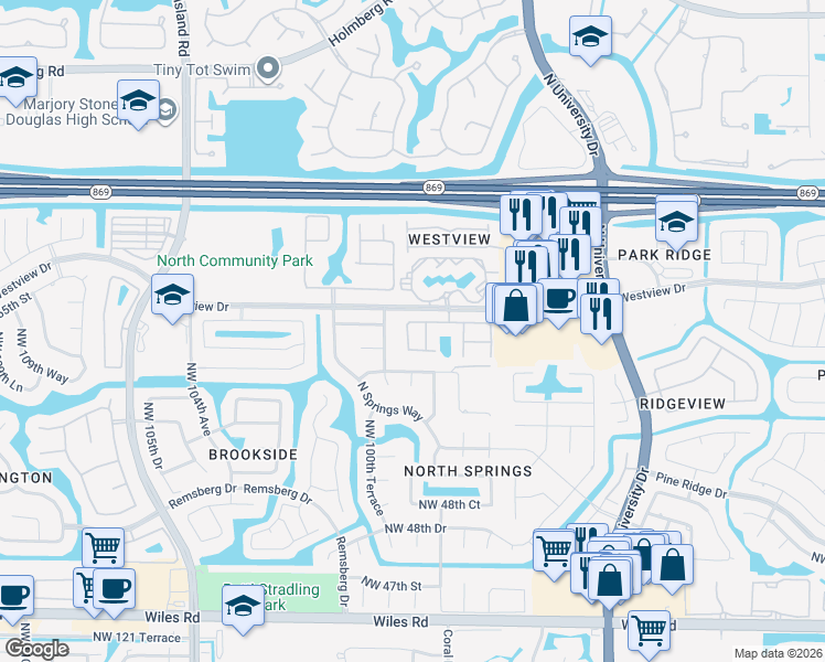 map of restaurants, bars, coffee shops, grocery stores, and more near 5339 Northwest 99th Lane in Coral Springs