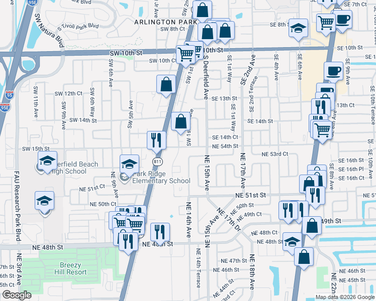 map of restaurants, bars, coffee shops, grocery stores, and more near 1444 Northeast 53rd Court in Pompano Beach