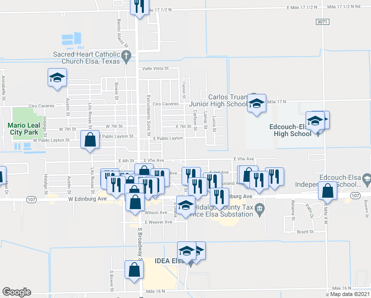map of restaurants, bars, coffee shops, grocery stores, and more near 506 Fannin Street in Elsa