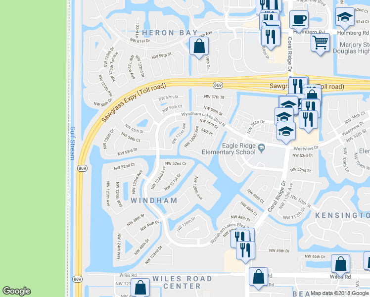 map of restaurants, bars, coffee shops, grocery stores, and more near 4982 Northwest 120th Avenue in Coral Springs