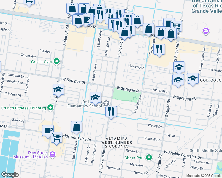 map of restaurants, bars, coffee shops, grocery stores, and more near 2204 West Sprague Street in Edinburg