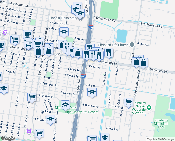 map of restaurants, bars, coffee shops, grocery stores, and more near 1622 East Cano Street in Edinburg