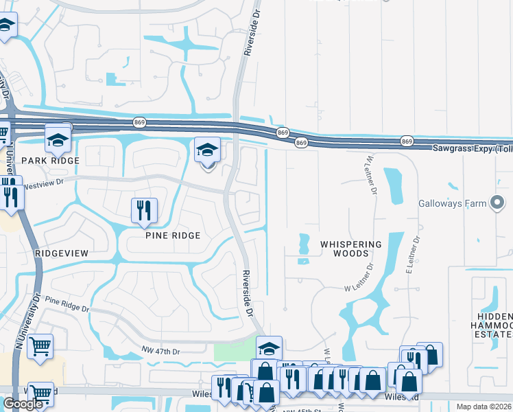 map of restaurants, bars, coffee shops, grocery stores, and more near 5511 Pine Circle in Coral Springs