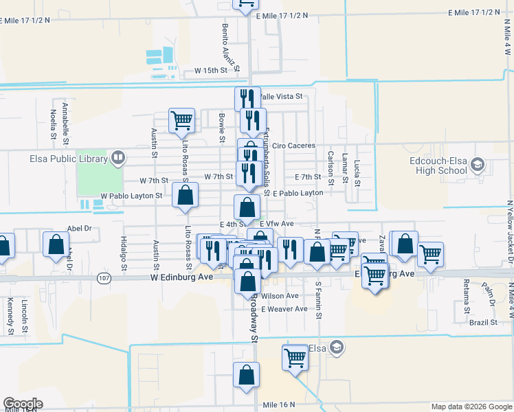 map of restaurants, bars, coffee shops, grocery stores, and more near 602 Houston Street in Elsa