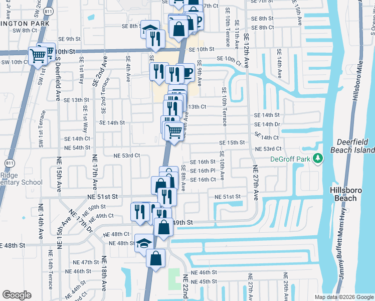 map of restaurants, bars, coffee shops, grocery stores, and more near 805 Southeast 15th Street in Deerfield Beach