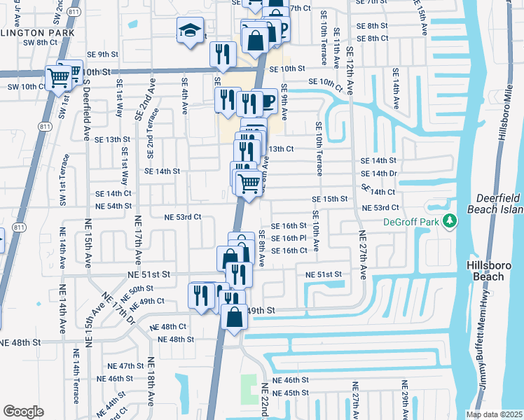 map of restaurants, bars, coffee shops, grocery stores, and more near 805 Southeast 15th Street in Deerfield Beach