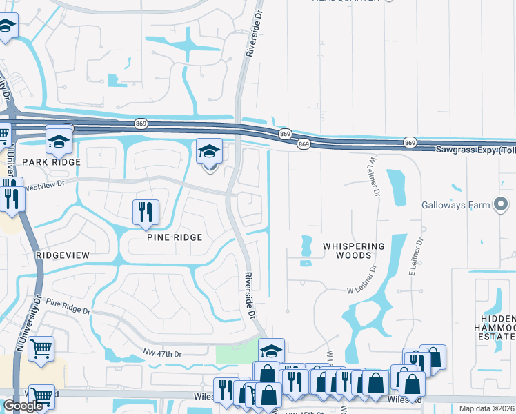 map of restaurants, bars, coffee shops, grocery stores, and more near 5511 Pine Circle in Coral Springs