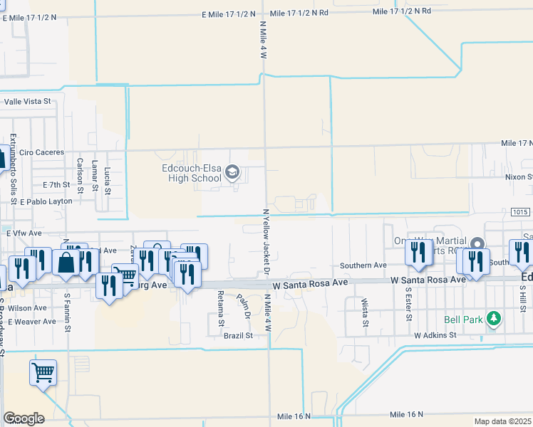 map of restaurants, bars, coffee shops, grocery stores, and more near North Mile 4 West in Edcouch