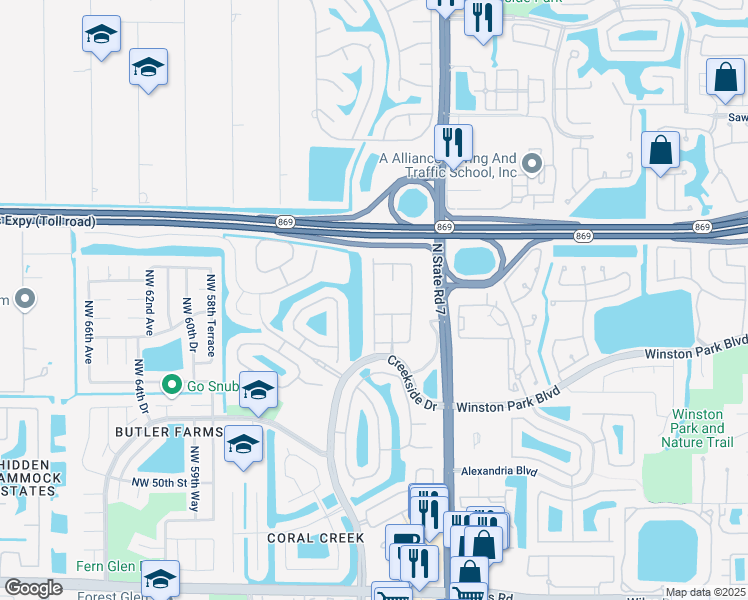 map of restaurants, bars, coffee shops, grocery stores, and more near 5493 Northwest 57th Way in Coral Springs