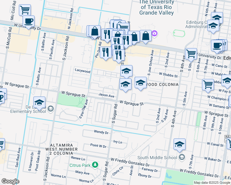 map of restaurants, bars, coffee shops, grocery stores, and more near 1601 West Samano Street in Edinburg