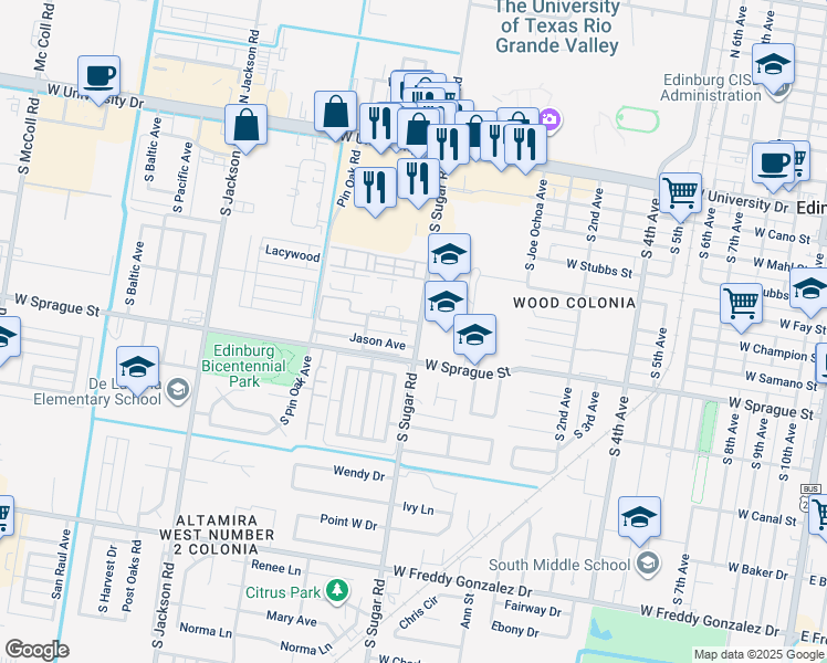 map of restaurants, bars, coffee shops, grocery stores, and more near 707 South Sugar Road in Edinburg