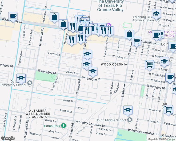 map of restaurants, bars, coffee shops, grocery stores, and more near 724 South Sugar Road in Edinburg