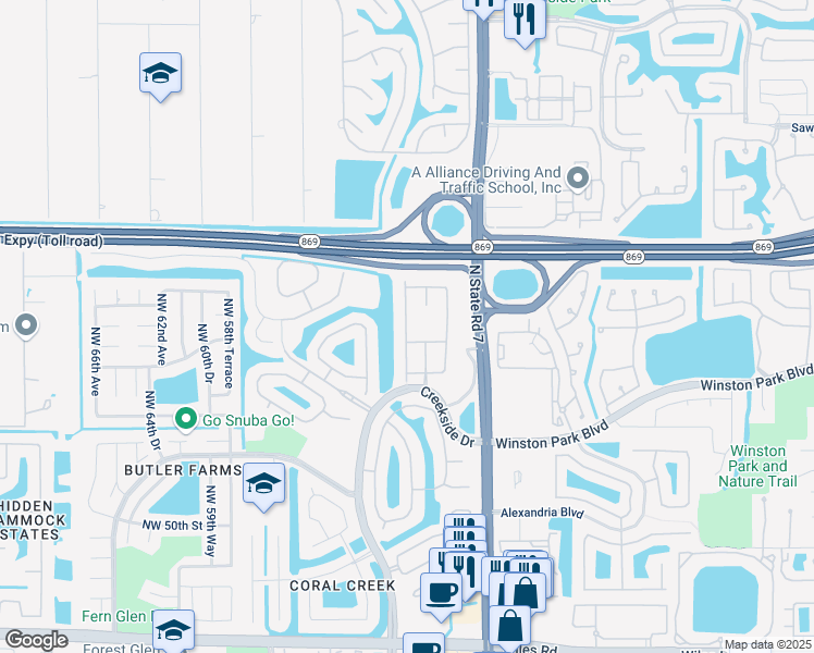 map of restaurants, bars, coffee shops, grocery stores, and more near 5493 Northwest 57th Way in Coral Springs
