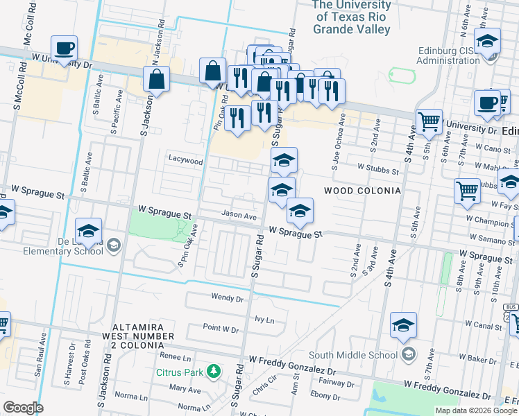 map of restaurants, bars, coffee shops, grocery stores, and more near 1601 West Samano Street in Edinburg