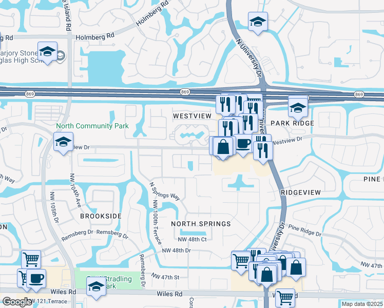map of restaurants, bars, coffee shops, grocery stores, and more near 9812 Westview Drive in Coral Springs